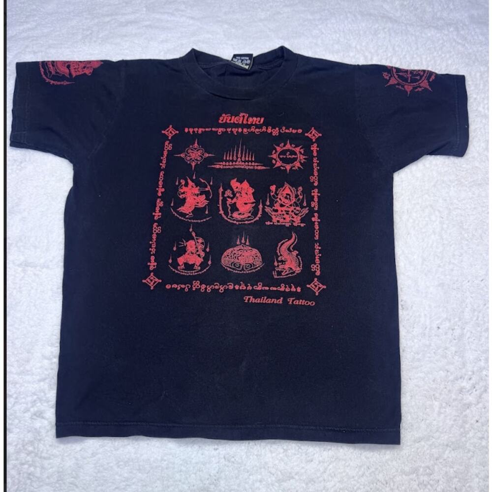 Thailand Tattoo Sak Yant Graphic T-Shirt My Dream Black Red Size F